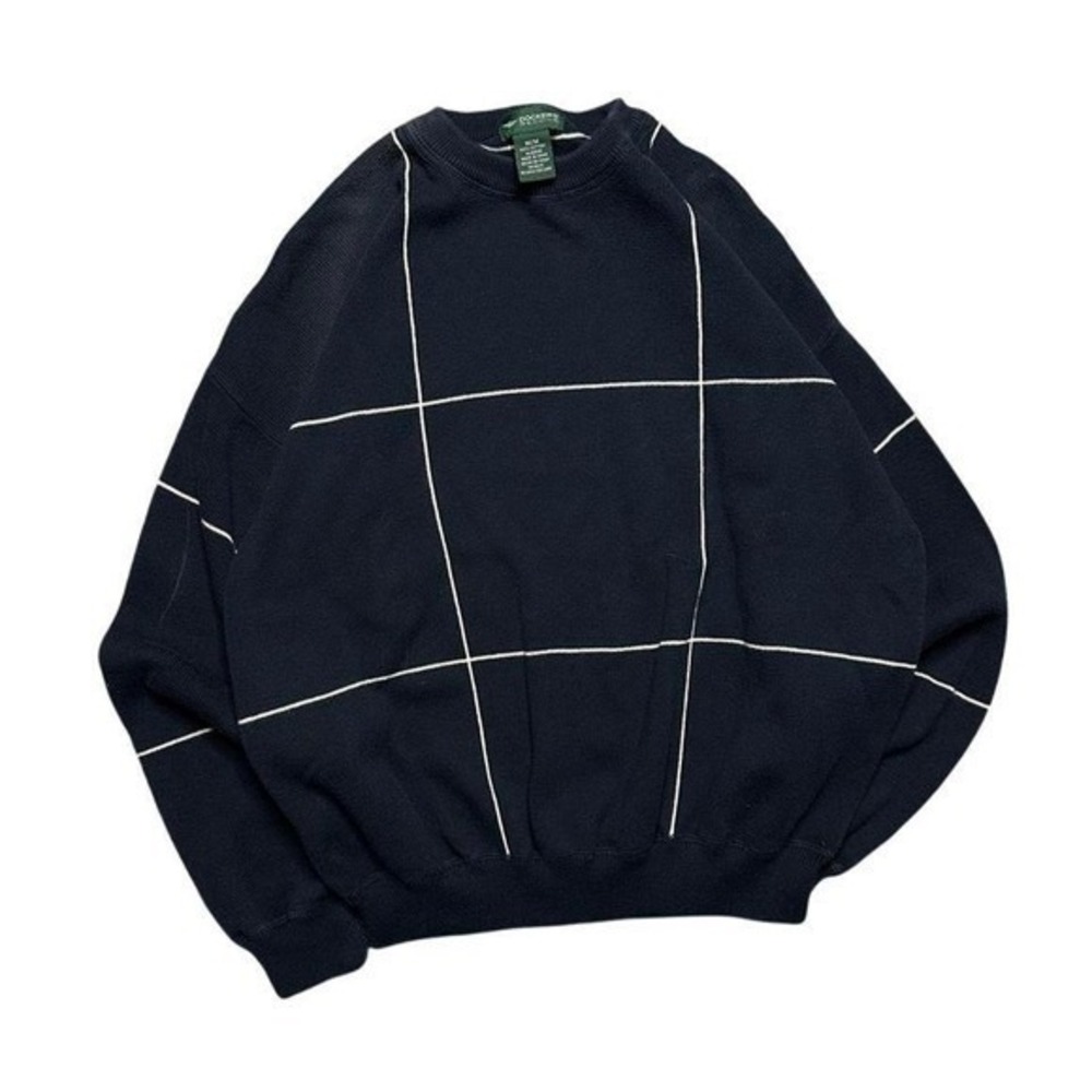 Dockers Recode Mens Navy Blue White Windowpane Grid Cotton Knit Sweater Size M
